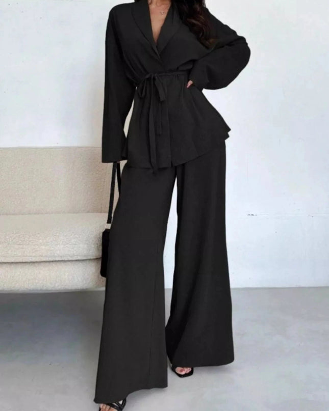 Front Tied Shirt and Wide - Leg Pants Set - Trendsi