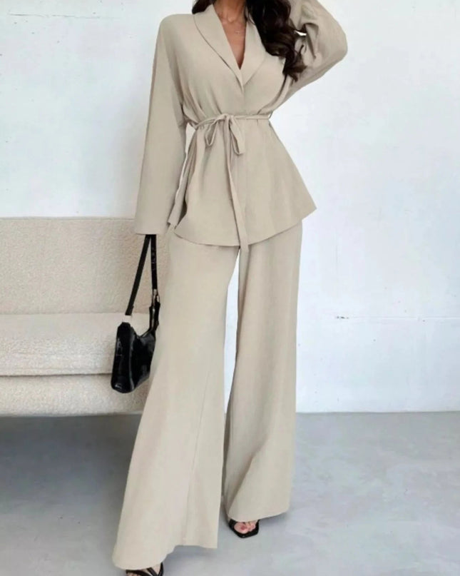 Front Tied Shirt and Wide - Leg Pants Set - Trendsi