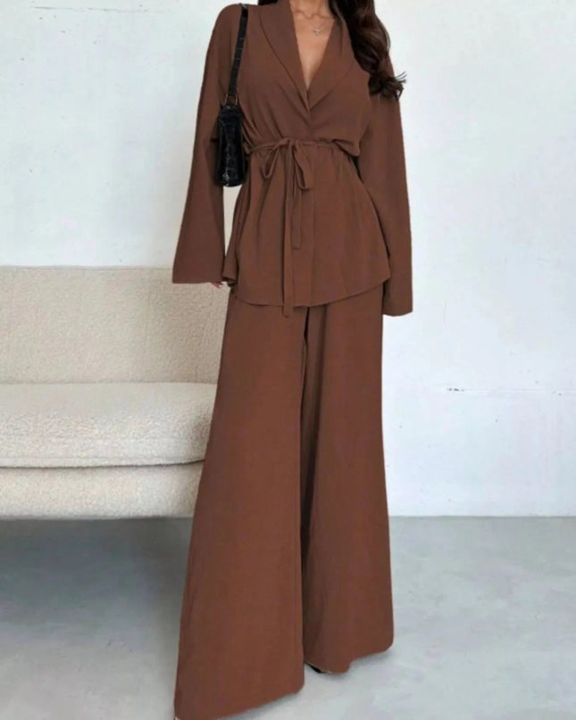 Front Tied Shirt and Wide - Leg Pants Set - Trendsi