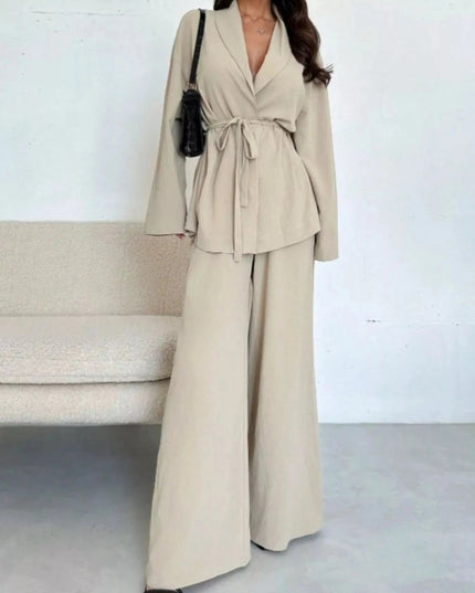 Front Tied Shirt and Wide - Leg Pants Set - Trendsi