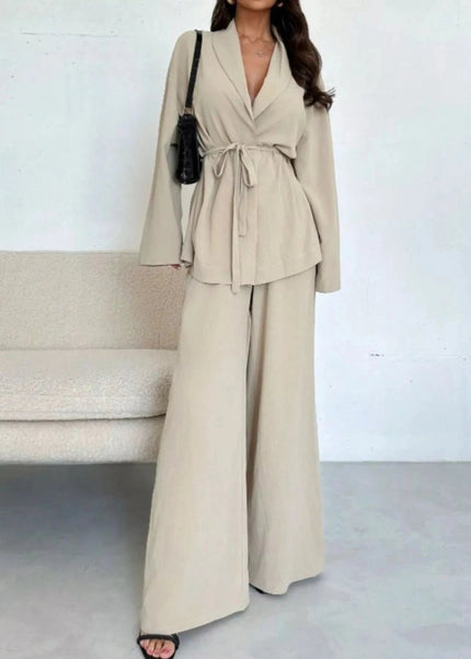 Front Tied Shirt and Wide - Leg Pants Set - Trendsi