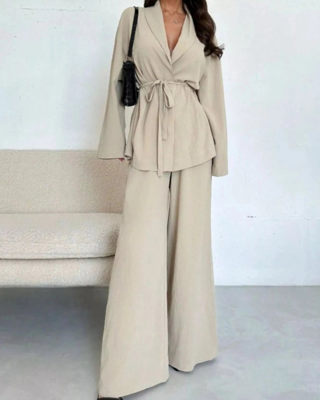 Front Tied Shirt and Wide - Leg Pants Set - Trendsi