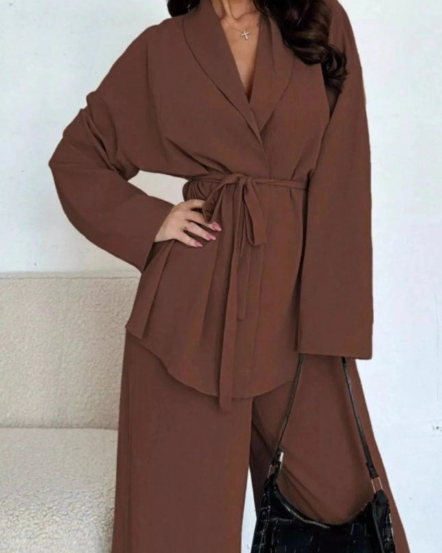 Front Tied Shirt and Wide - Leg Pants Set - Trendsi