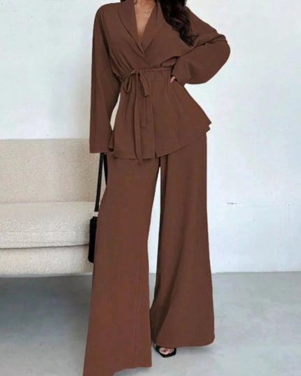 Front Tied Shirt and Wide - Leg Pants Set - Trendsi