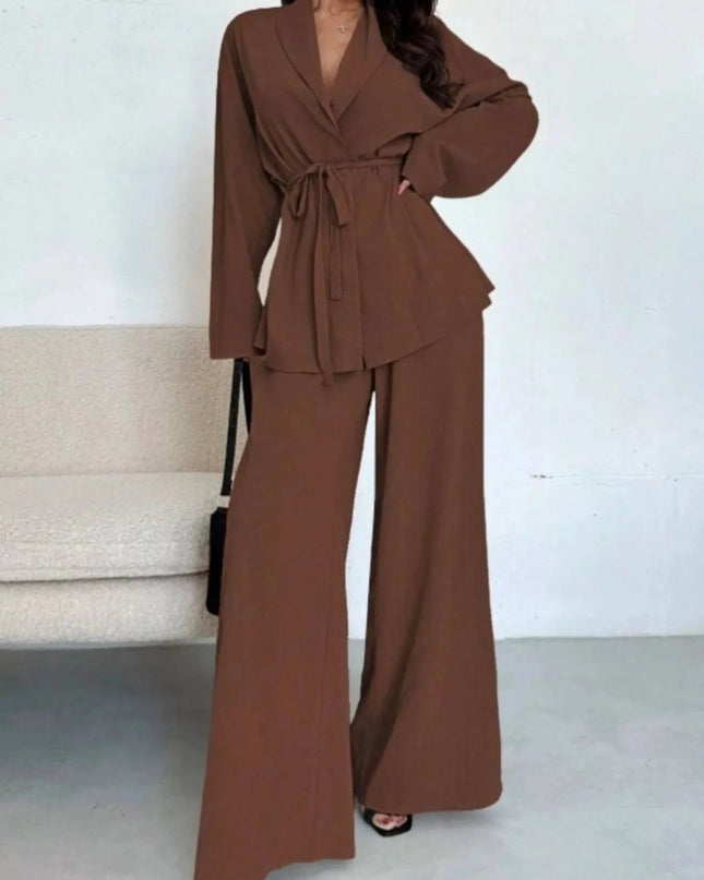Front Tied Shirt and Wide - Leg Pants Set - Trendsi