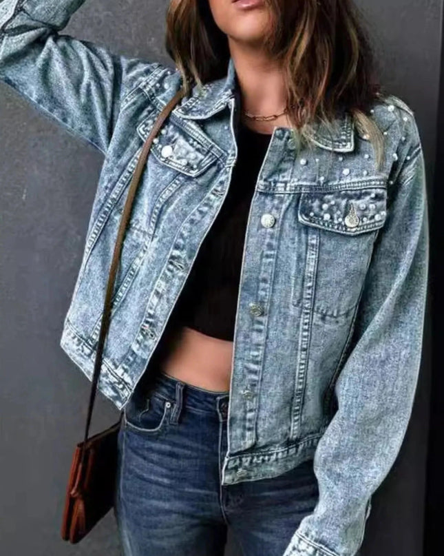 Full Size Pearl Detail Button Up Long Sleeve Denim Jacket Plus Size - Trendsi