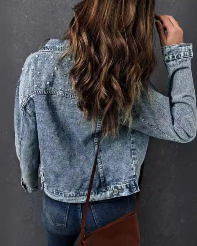 Full Size Pearl Detail Button Up Long Sleeve Denim Jacket Plus Size - Trendsi