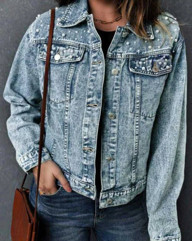 Full Size Pearl Detail Button Up Long Sleeve Denim Jacket Plus Size - Trendsi