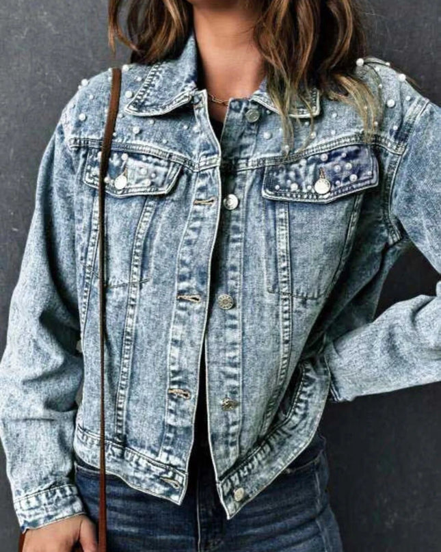 Full Size Pearl Detail Button Up Long Sleeve Denim Jacket Plus Size - Trendsi