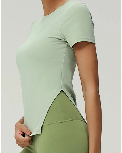 Full Size Slit Round Neck Short Sleeve Active T-Shirt Plus Size - Trendsi