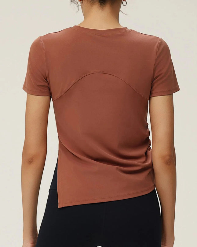 Full Size Slit Round Neck Short Sleeve Active T-Shirt Plus Size - Trendsi