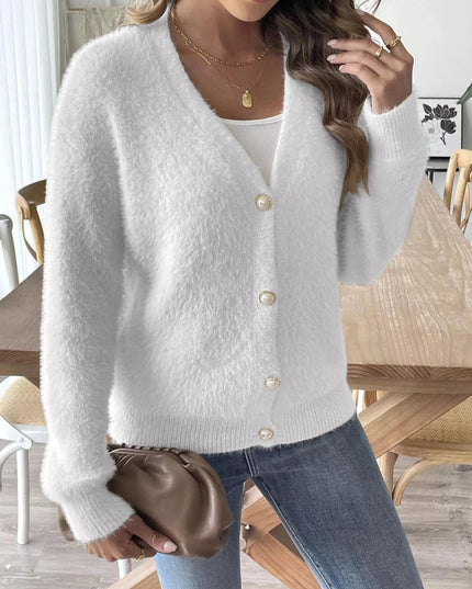 Fuzzy Knit V - Neck Cardigan - Trendsi