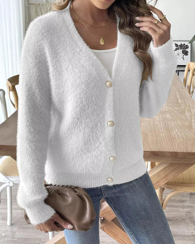 Fuzzy Knit V - Neck Cardigan - Trendsi