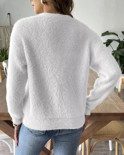 Fuzzy Knit V - Neck Cardigan - Trendsi