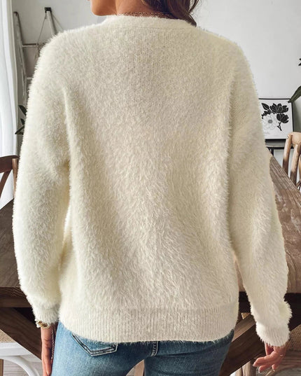 Fuzzy Knit V - Neck Cardigan - Trendsi