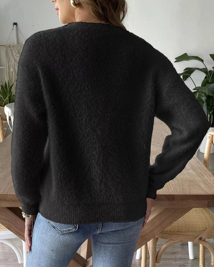 Fuzzy Knit V - Neck Cardigan - Trendsi