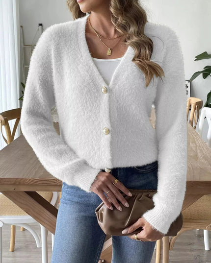 Fuzzy Knit V - Neck Cardigan - Trendsi