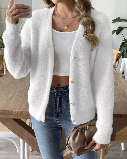 Fuzzy Knit V - Neck Cardigan - Trendsi