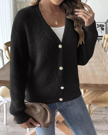 Fuzzy Knit V - Neck Cardigan - Trendsi