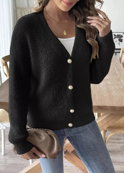 Fuzzy Knit V - Neck Cardigan - Trendsi
