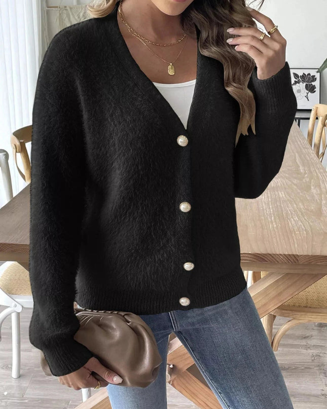 Fuzzy Knit V - Neck Cardigan - Trendsi