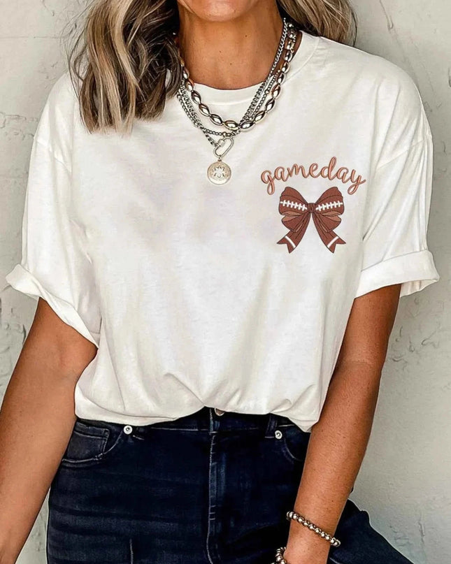 Game Day Bowknot Embroidered Casual Tee - Trendsi