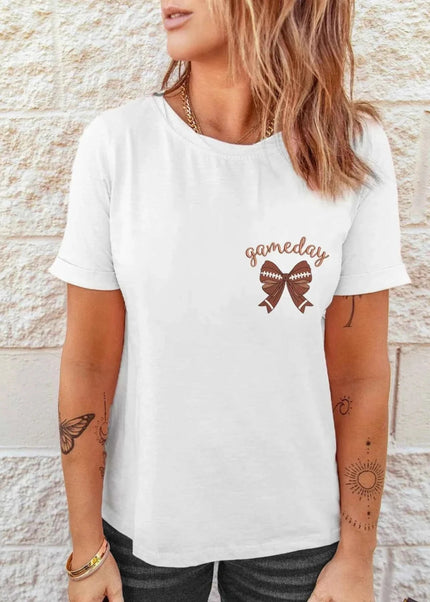 Game Day Bowknot Embroidered Casual Tee - Trendsi