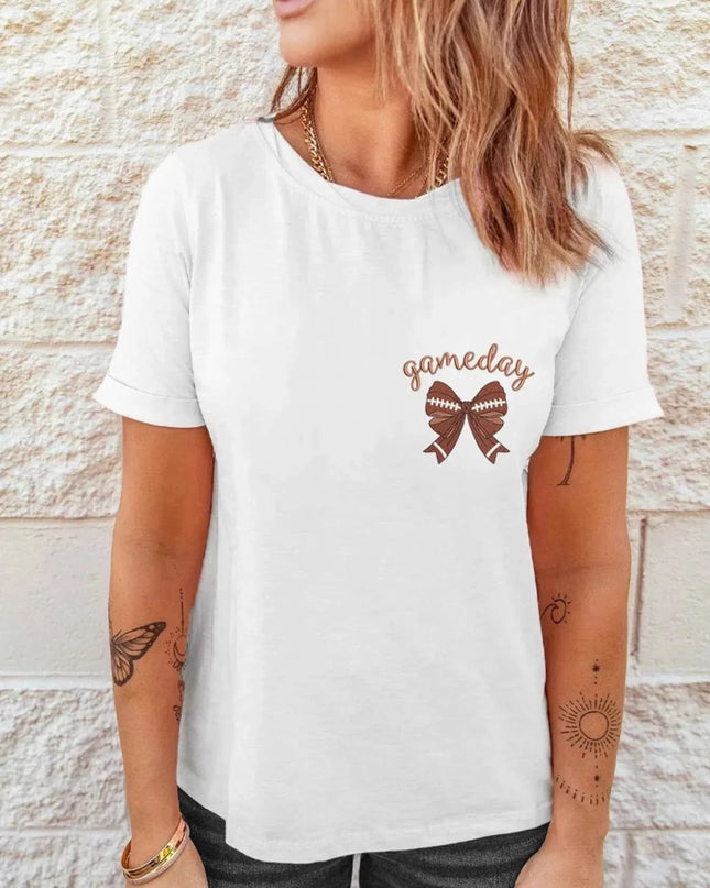 Game Day Bowknot Embroidered Casual Tee - Trendsi