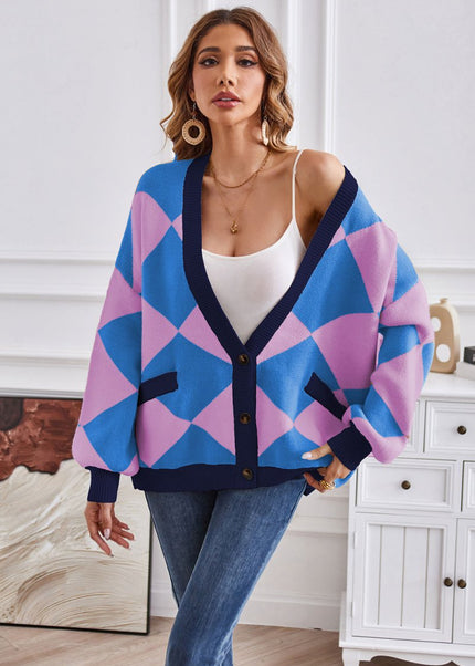 Geometric Lantern Sleeve Cardigan with Pockets - Trendsi