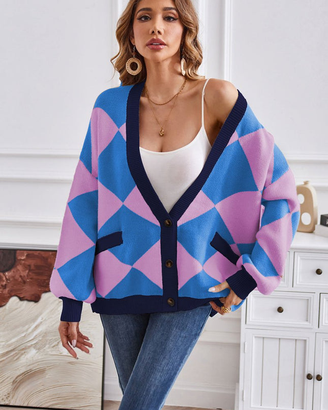 Geometric Lantern Sleeve Cardigan with Pockets - Trendsi