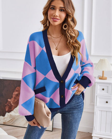 Geometric Lantern Sleeve Cardigan with Pockets - Trendsi