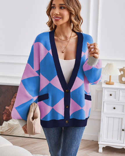 Geometric Lantern Sleeve Cardigan with Pockets - Trendsi