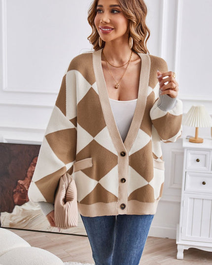 Geometric Lantern Sleeve Cardigan with Pockets - Trendsi