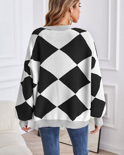 Geometric Lantern Sleeve Cardigan with Pockets - Trendsi