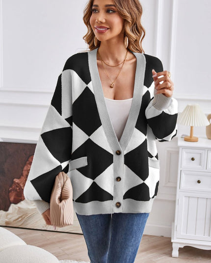 Geometric Lantern Sleeve Cardigan with Pockets - Trendsi