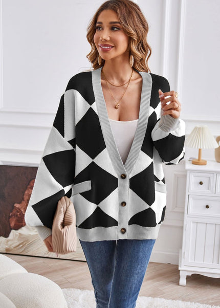 Geometric Lantern Sleeve Cardigan with Pockets - Trendsi