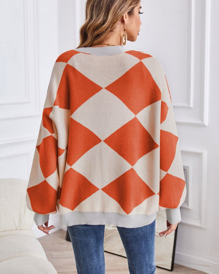 Geometric Lantern Sleeve Cardigan with Pockets - Trendsi