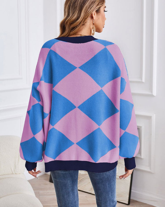 Geometric Lantern Sleeve Cardigan with Pockets - Trendsi