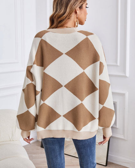 Geometric Lantern Sleeve Cardigan with Pockets - Trendsi