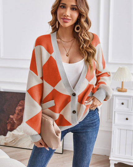 Geometric Lantern Sleeve Cardigan with Pockets - Trendsi