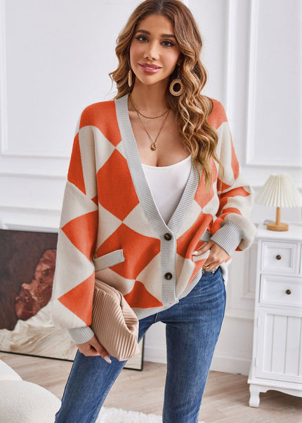 Geometric Lantern Sleeve Cardigan with Pockets - Trendsi