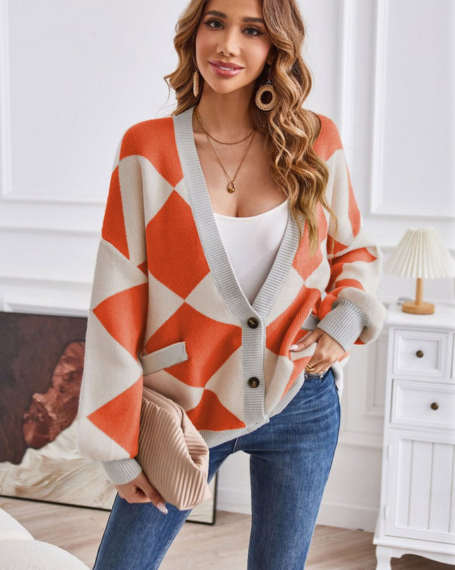 Geometric Lantern Sleeve Cardigan with Pockets - Trendsi
