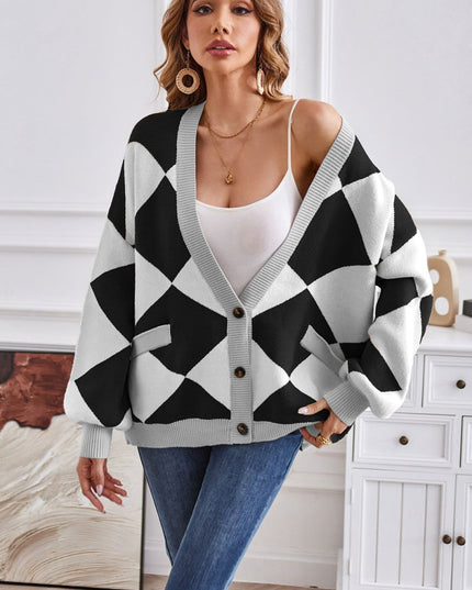 Geometric Lantern Sleeve Cardigan with Pockets - Trendsi