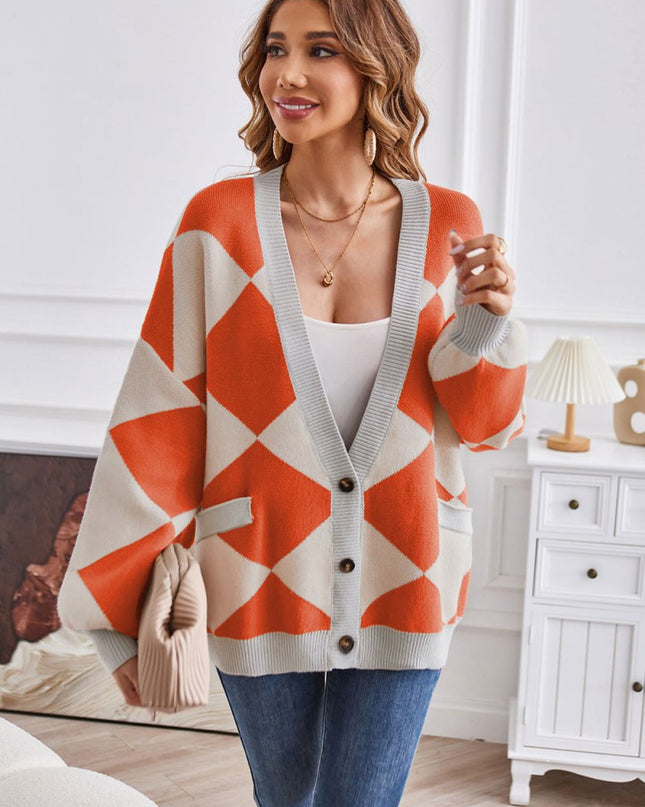 Geometric Lantern Sleeve Cardigan with Pockets - Trendsi