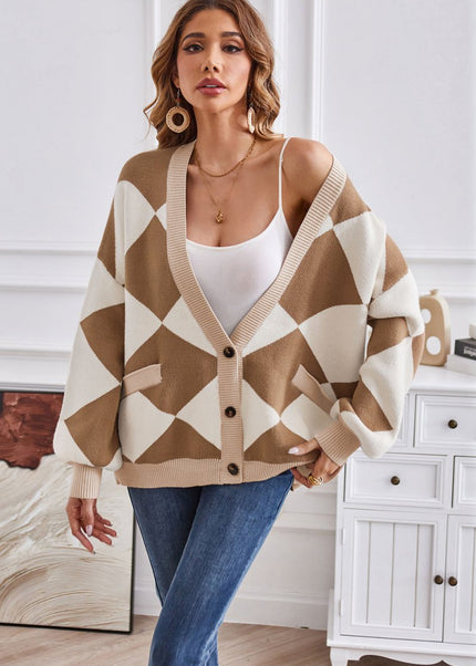 Geometric Lantern Sleeve Cardigan with Pockets - Trendsi