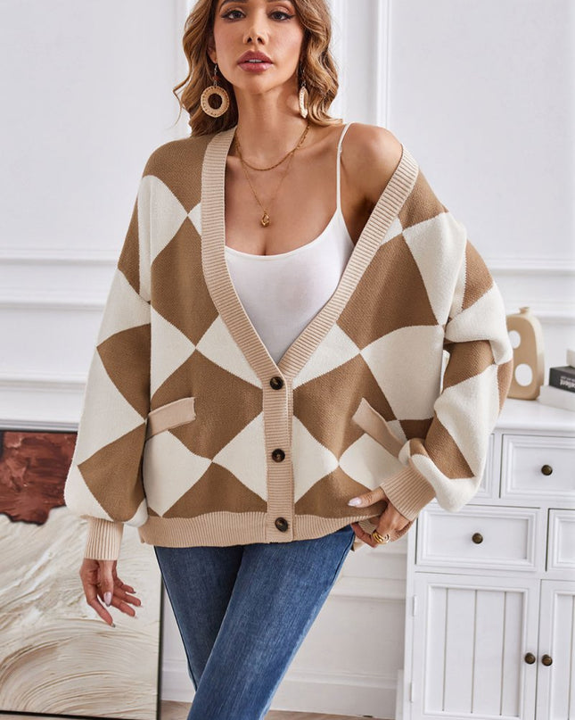Geometric Lantern Sleeve Cardigan with Pockets - Trendsi