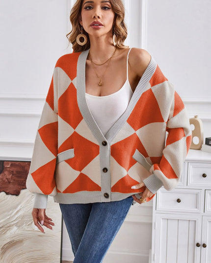 Geometric Lantern Sleeve Cardigan with Pockets - Trendsi
