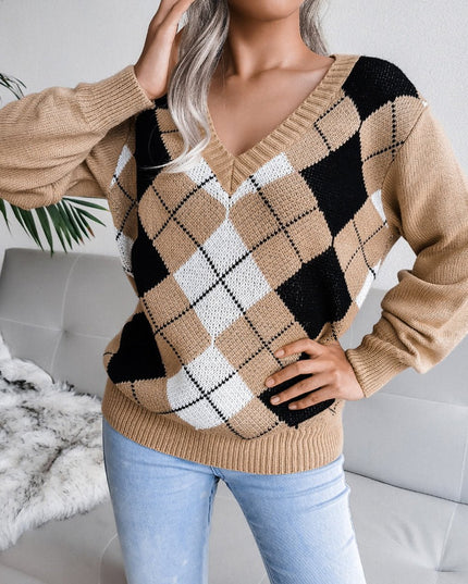 Geometric V - Neck Sweater - Trendsi