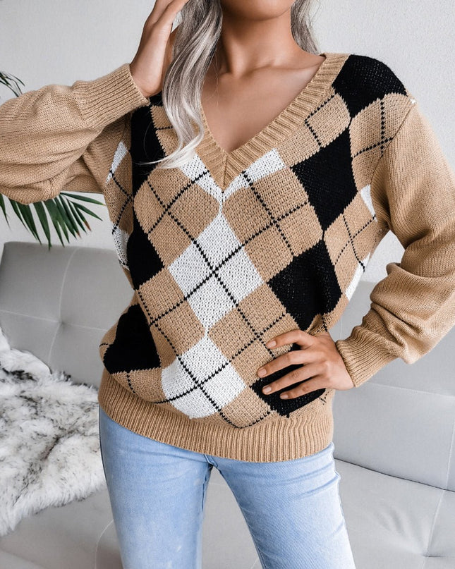 Geometric V - Neck Sweater - Trendsi