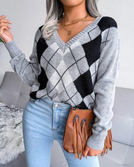 Geometric V - Neck Sweater - Trendsi